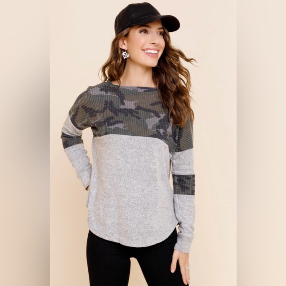 Alya Camo Waffle Knit Long Sleeve Top